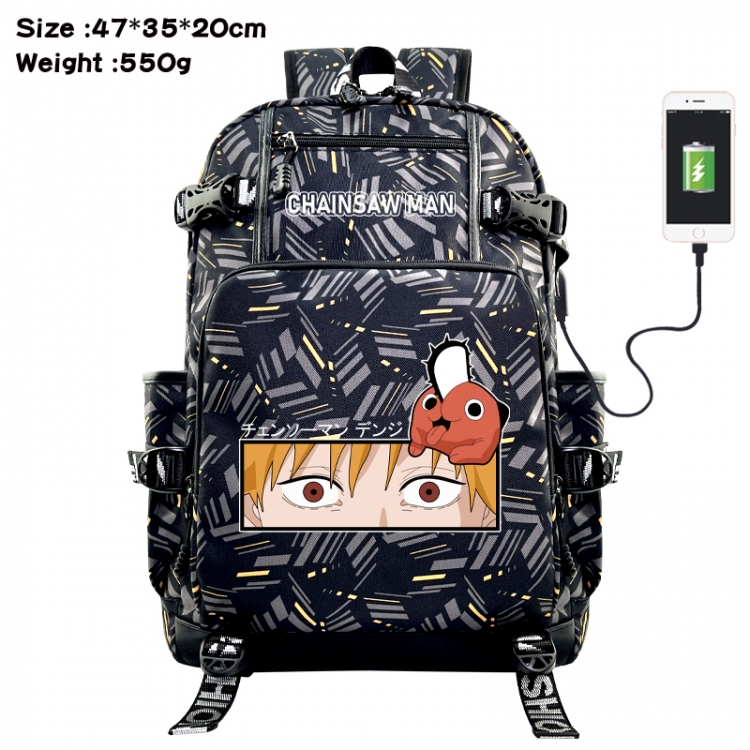 Chainsawman Anime data cable camouflage print USB backpack schoolbag 47x35x20cm