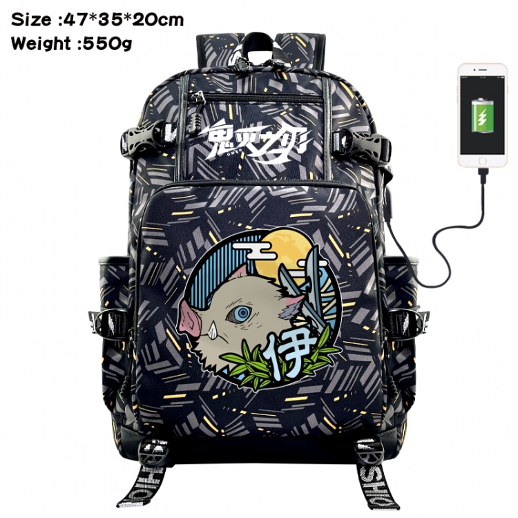 Demon Slayer Kimets Anime data cable camouflage print USB backpack schoolbag 47x35x20cm