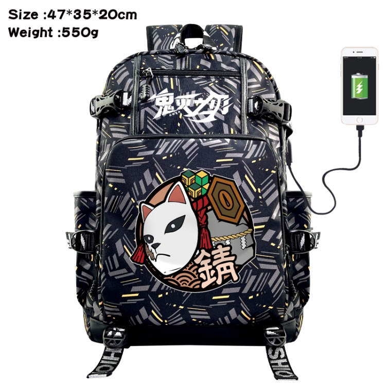 Demon Slayer Kimets Anime data cable camouflage print USB backpack schoolbag 47x35x20cm