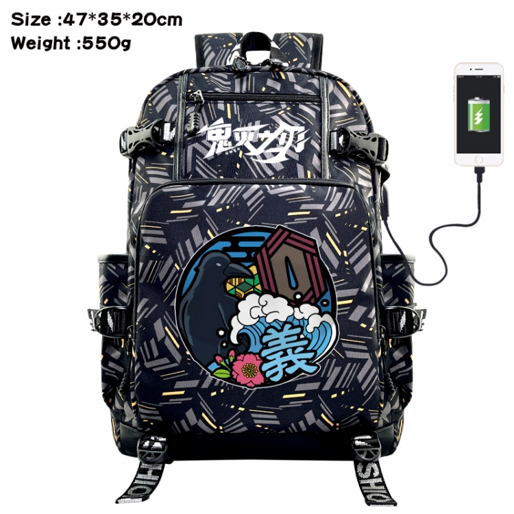 Demon Slayer Kimets Anime data cable camouflage print USB backpack schoolbag 47x35x20cm