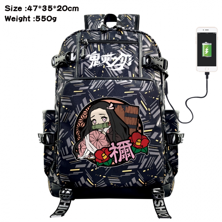 Demon Slayer Kimets Anime data cable camouflage print USB backpack schoolbag 47x35x20cm