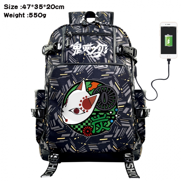 Demon Slayer Kimets Anime data cable camouflage print USB backpack schoolbag 47x35x20cm