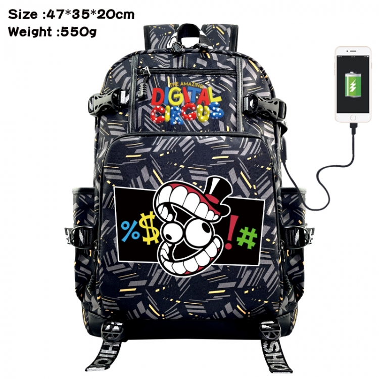 The Amazing Digital Circus Anime data cable camouflage print USB backpack schoolbag 47x35x20cm