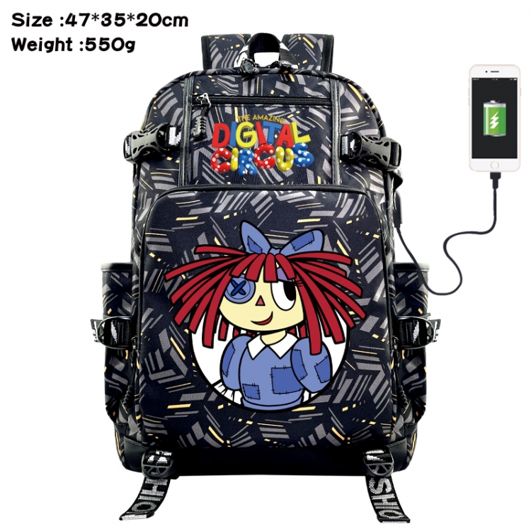The Amazing Digital Circus Anime data cable camouflage print USB backpack schoolbag 47x35x20cm