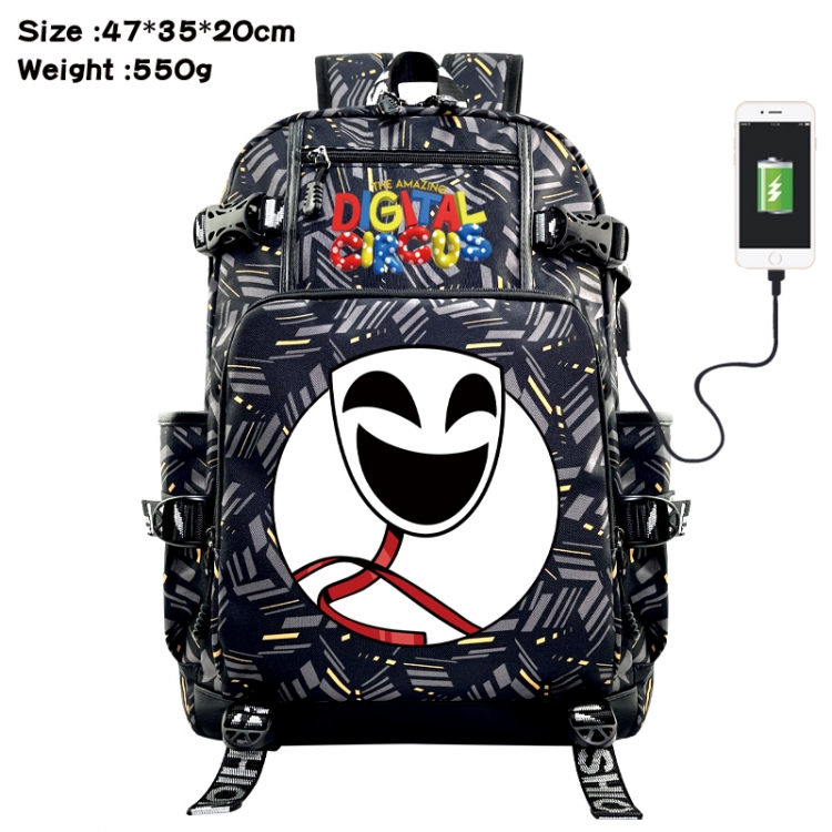 The Amazing Digital Circus Anime data cable camouflage print USB backpack schoolbag 47x35x20cm