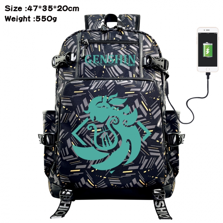Genshin Impact Anime data cable camouflage print USB backpack schoolbag 47x35x20cm