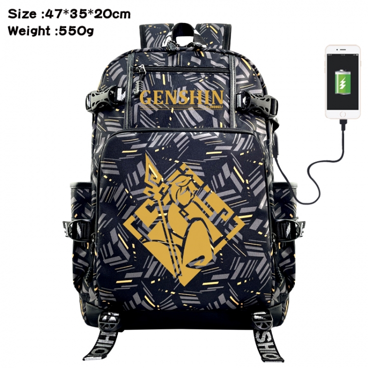 Genshin Impact Anime data cable camouflage print USB backpack schoolbag 47x35x20cm