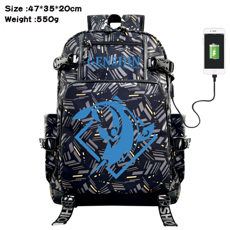 Genshin Impact Anime data cable camouflage print USB backpack schoolbag 47x35x20cm