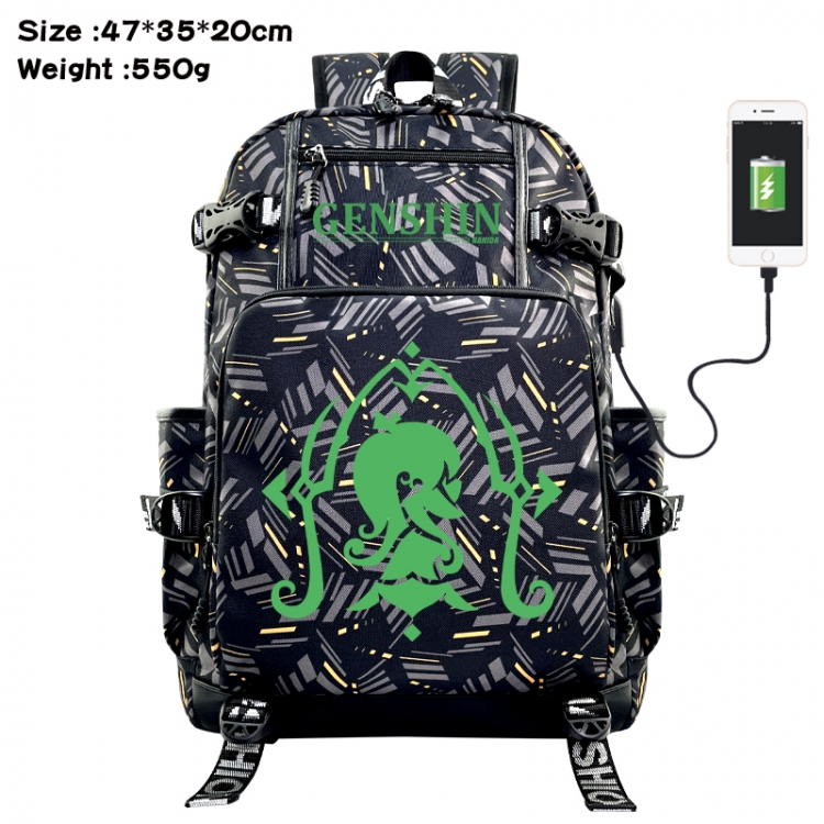 Genshin Impact Anime data cable camouflage print USB backpack schoolbag 47x35x20cm