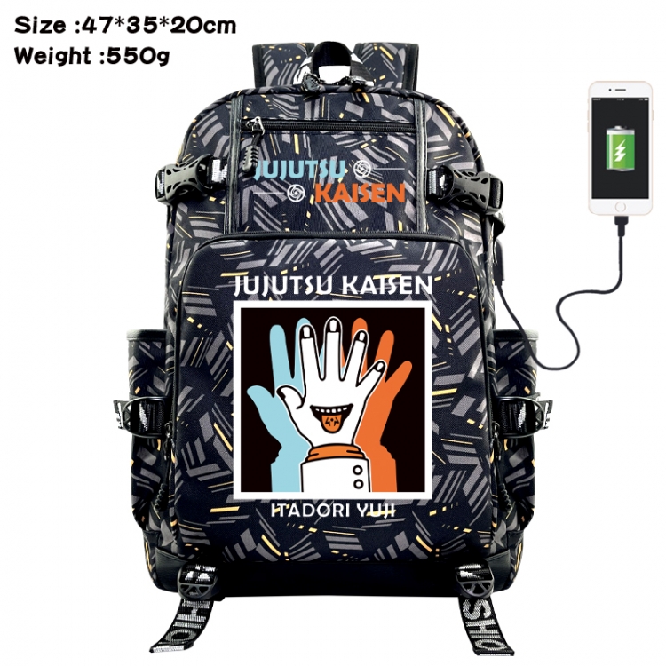 Jujutsu Kaisen Anime data cable camouflage print USB backpack schoolbag 47x35x20cm