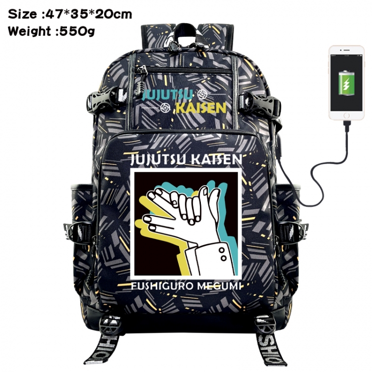 Jujutsu Kaisen Anime data cable camouflage print USB backpack schoolbag 47x35x20cm