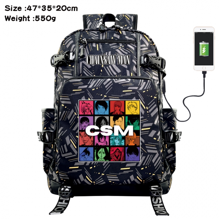 Chainsawman Anime data cable camouflage print USB backpack schoolbag 47x35x20cm