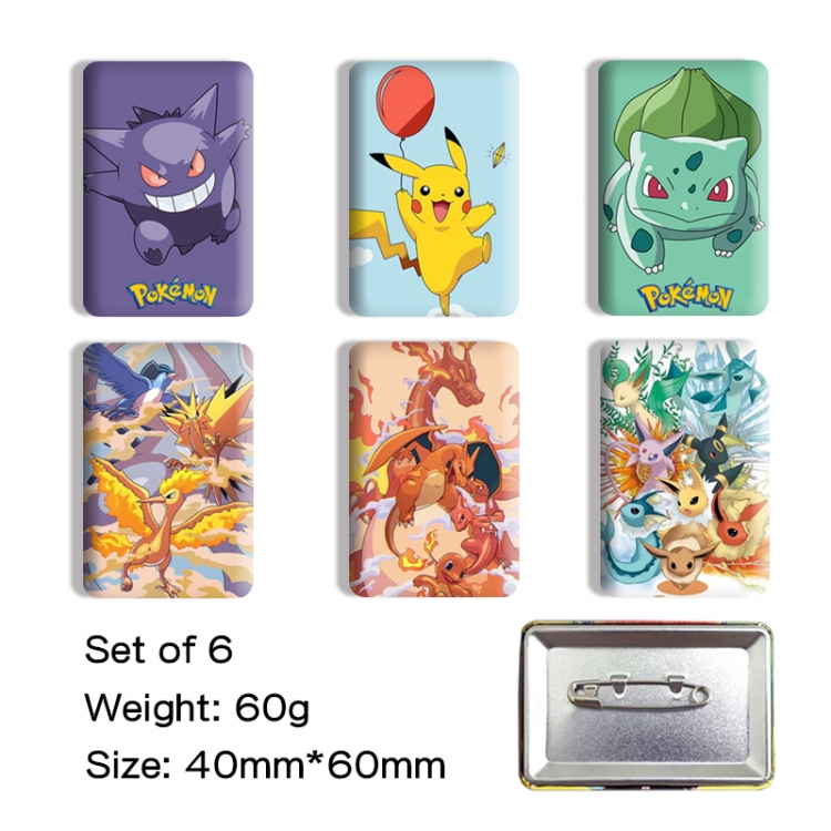 Pokemon Anime square tinplate badge chest badge 4X6CM a set of 6