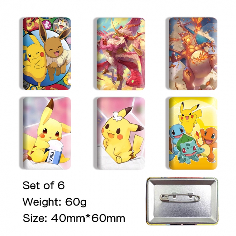 Pokemon Anime square tinplate badge chest badge 4X6CM a set of 6