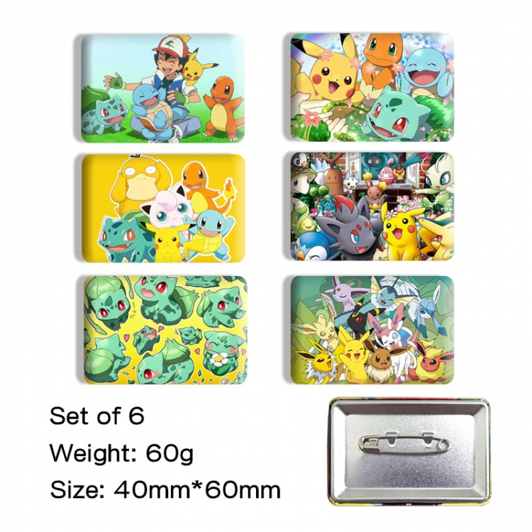 Pokemon Anime square tinplate badge chest badge 4X6CM a set of 6