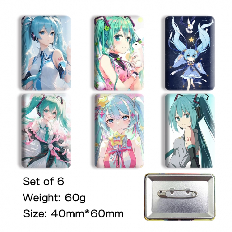 Hatsune Miku Anime square tinplate badge chest badge 4X6CM a set of 6
