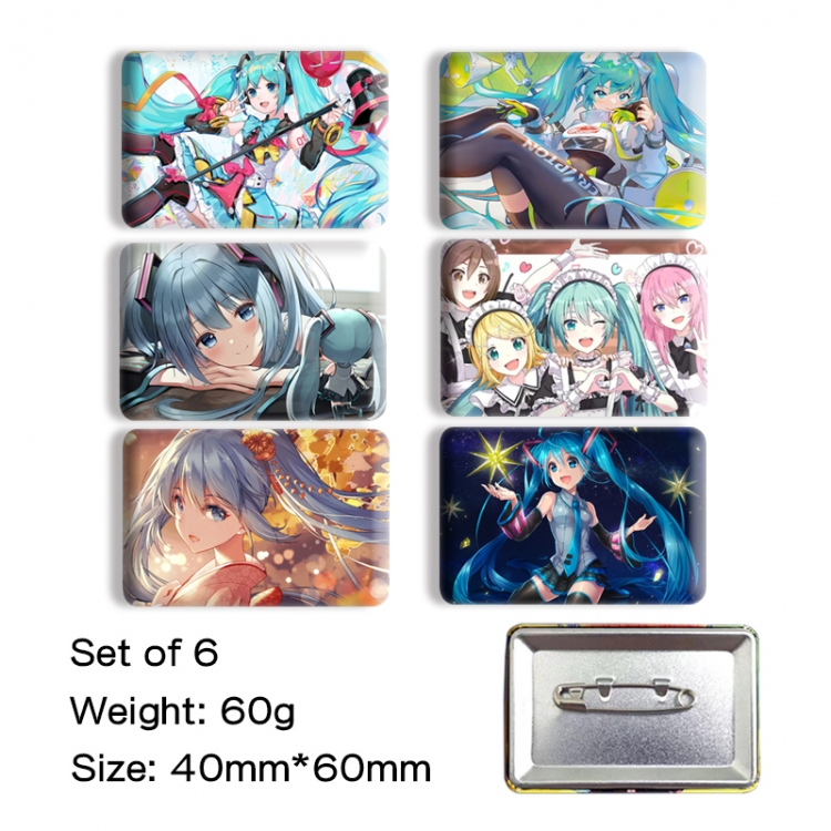 Hatsune Miku Anime square tinplate badge chest badge 4X6CM a set of 6