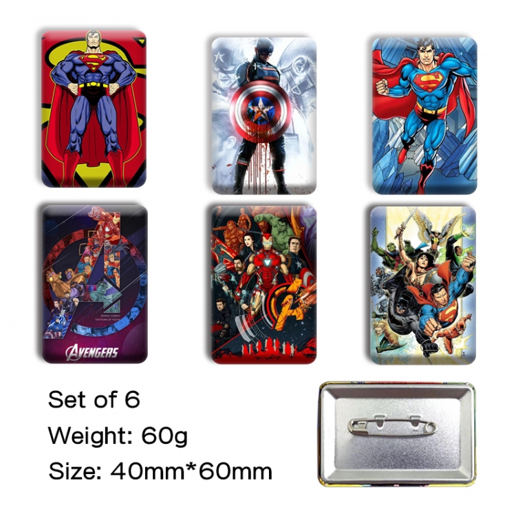 Marvel Anime square tinplate badge chest badge 4X6CM a set of 6