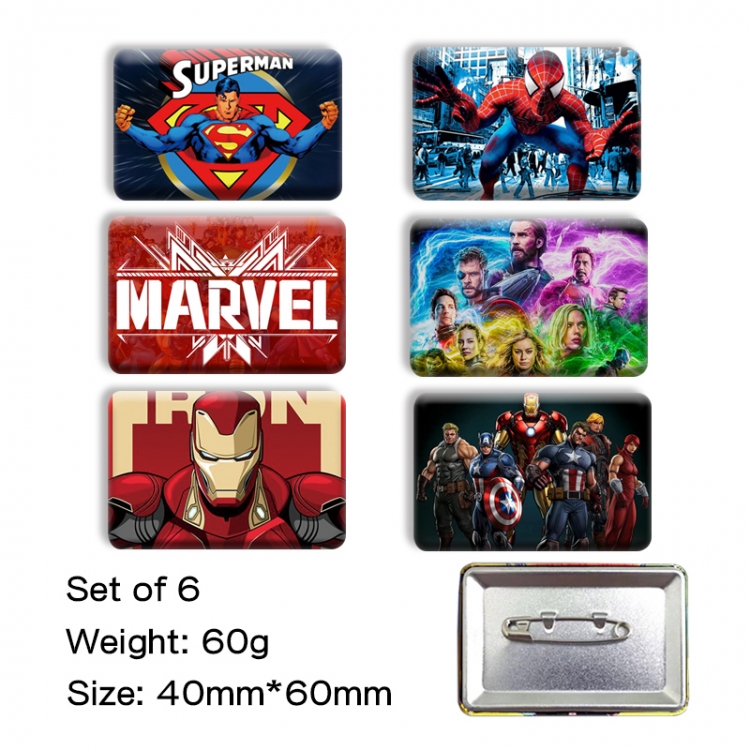Marvel Anime square tinplate badge chest badge 4X6CM a set of 6