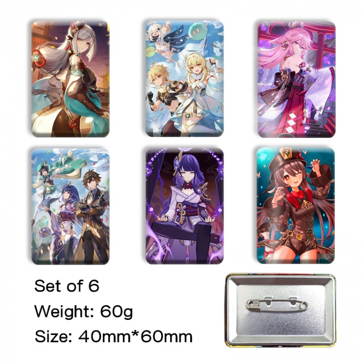 Genshin Impact Anime square tinplate badge chest badge 4X6CM a set of 6