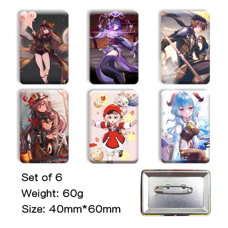 Genshin Impact Anime square tinplate badge chest badge 4X6CM a set of 6