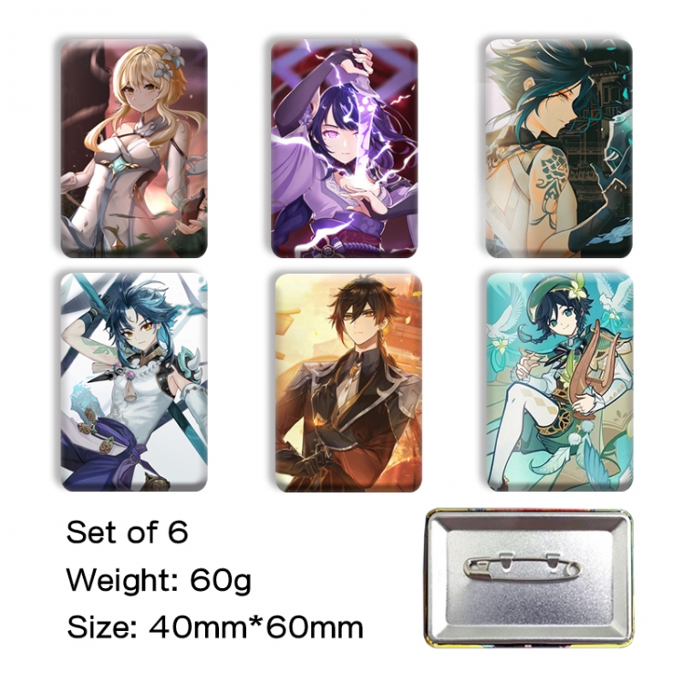 Genshin Impact Anime square tinplate badge chest badge 4X6CM a set of 6