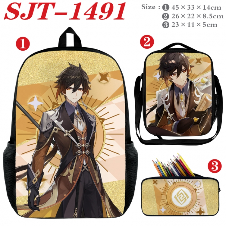 Genshin Impact Anime nylon canvas backpack pencil case crossbody bag three piece set 45x33x14cm