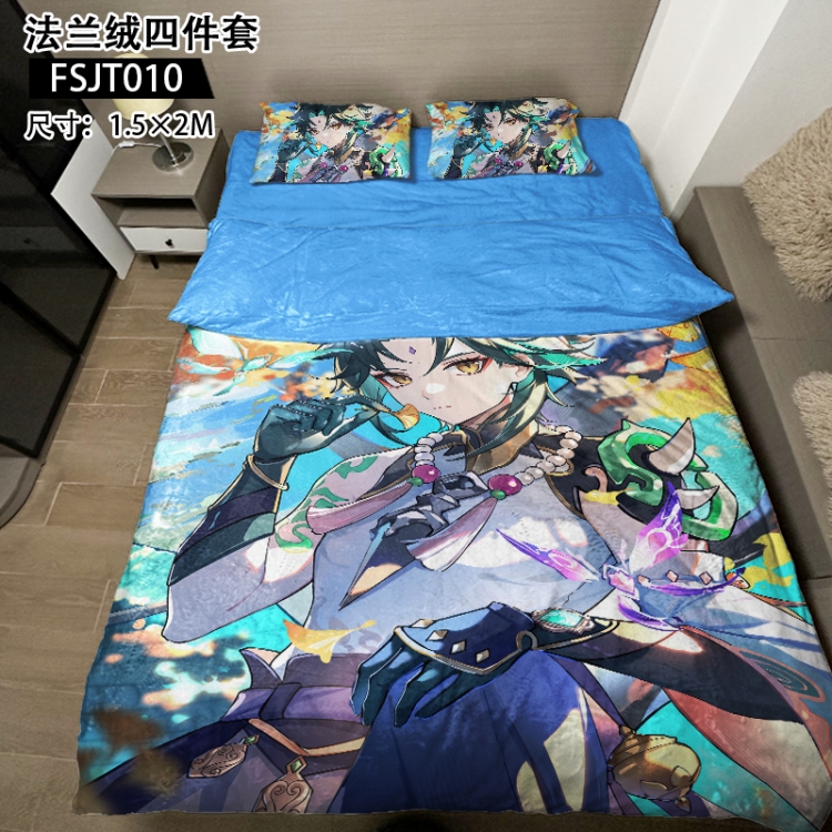 Genshin Impact Anime flannel four piece pillowcase duvet cover bed sheet 1.5X2m