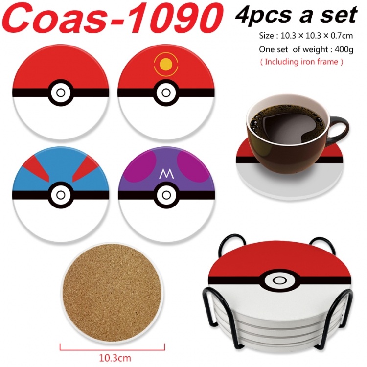 Pokemon Anime peripheral circular coaster UV printed ceramic cork insulation pad a set of 4