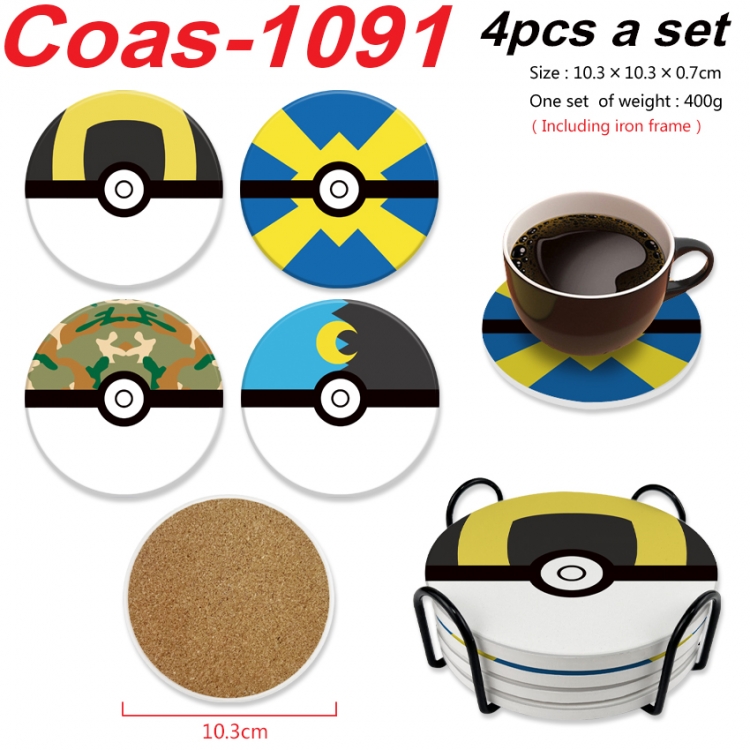 Pokemon Anime peripheral circular coaster UV printed ceramic cork insulation pad a set of 4