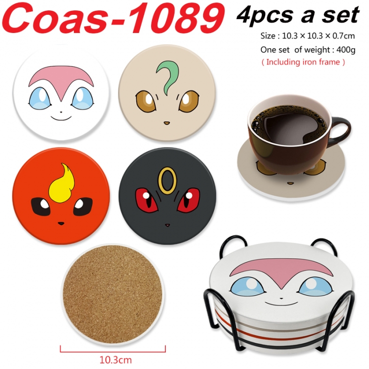 Pokemon Anime peripheral circular coaster UV printed ceramic cork insulation pad a set of 4