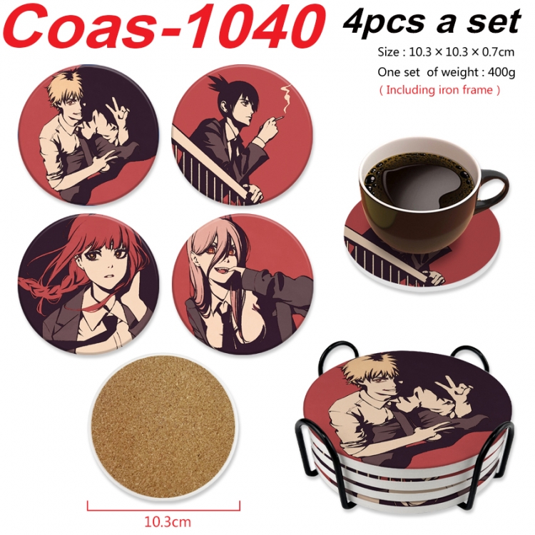 Chainsaw man Anime peripheral circular coaster UV printed ceramic cork insulation pad a set of 4