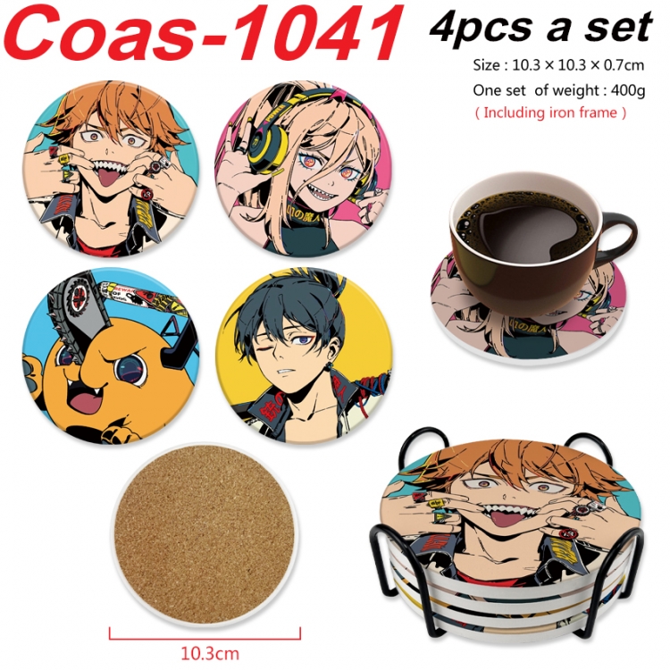 Chainsaw man Anime peripheral circular coaster UV printed ceramic cork insulation pad a set of 4
