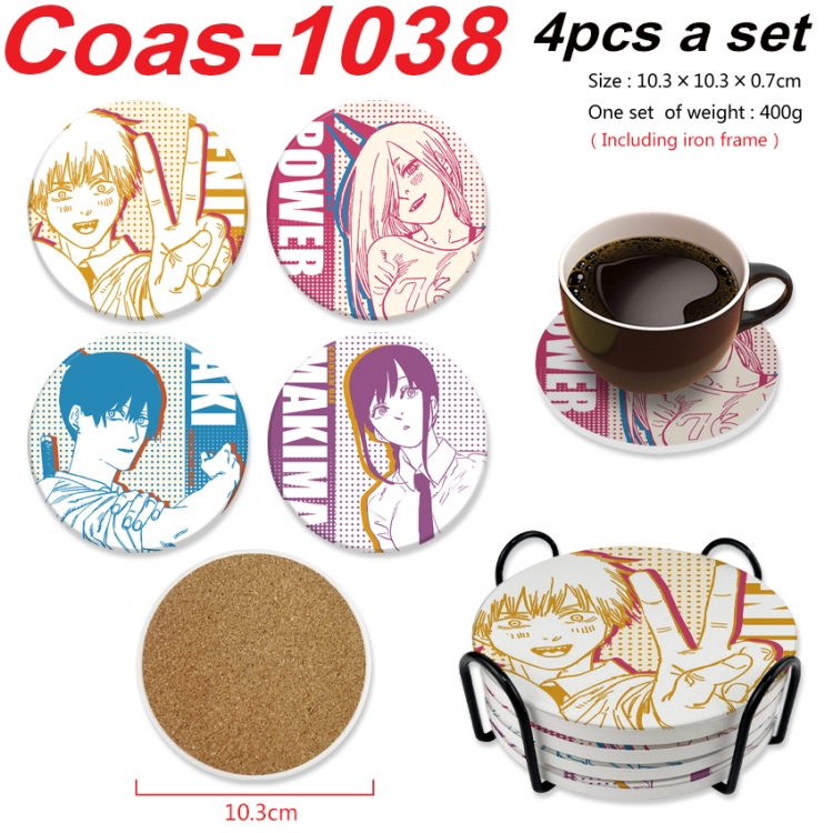 Chainsaw man Anime peripheral circular coaster UV printed ceramic cork insulation pad a set of 4