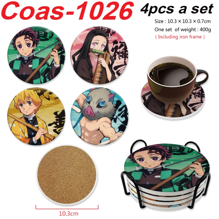 Demon Slayer Kimets Anime peripheral circular coaster UV printed ceramic cork insulation pad a set of 4