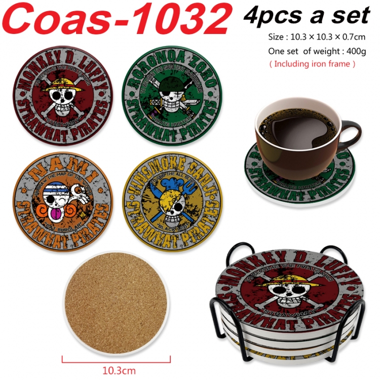 One Piece Anime peripheral circular coaster UV printed ceramic cork insulation pad a set of 4