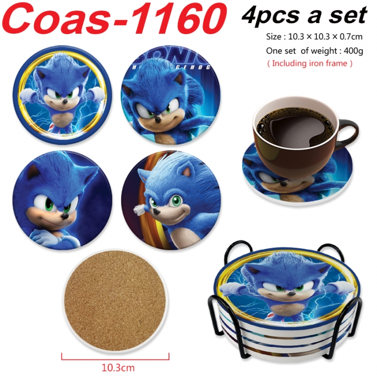 Sonic The Hedgehog Anime peripheral circular coaster UV printed ceramic cork insulation pad a set of 4
