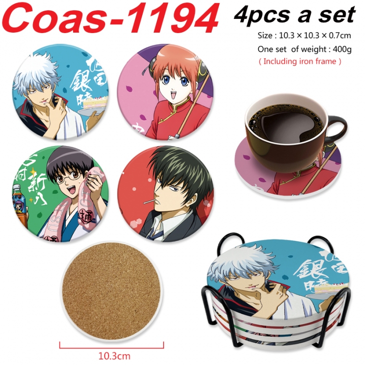 Gintama Anime peripheral circular coaster UV printed ceramic cork insulation pad a set of 4 