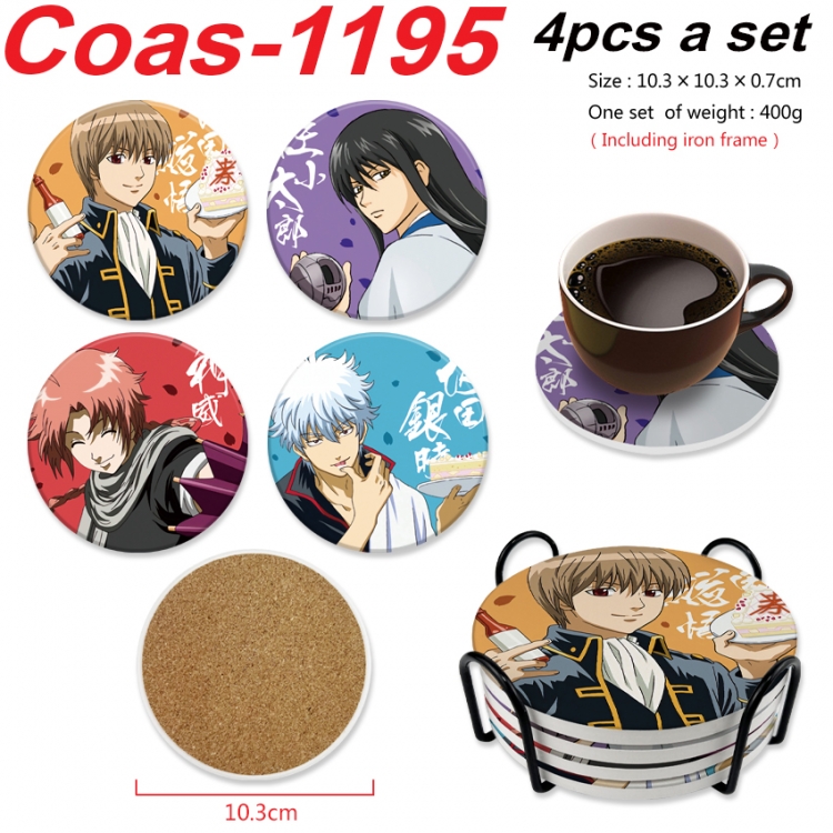 Gintama Anime peripheral circular coaster UV printed ceramic cork insulation pad a set of 4 