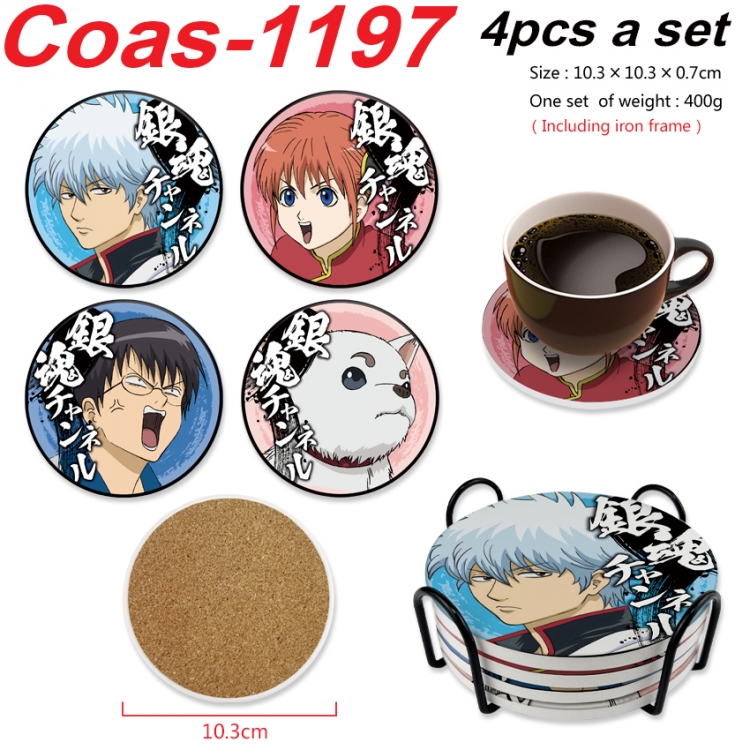 Gintama Anime peripheral circular coaster UV printed ceramic cork insulation pad a set of 4 