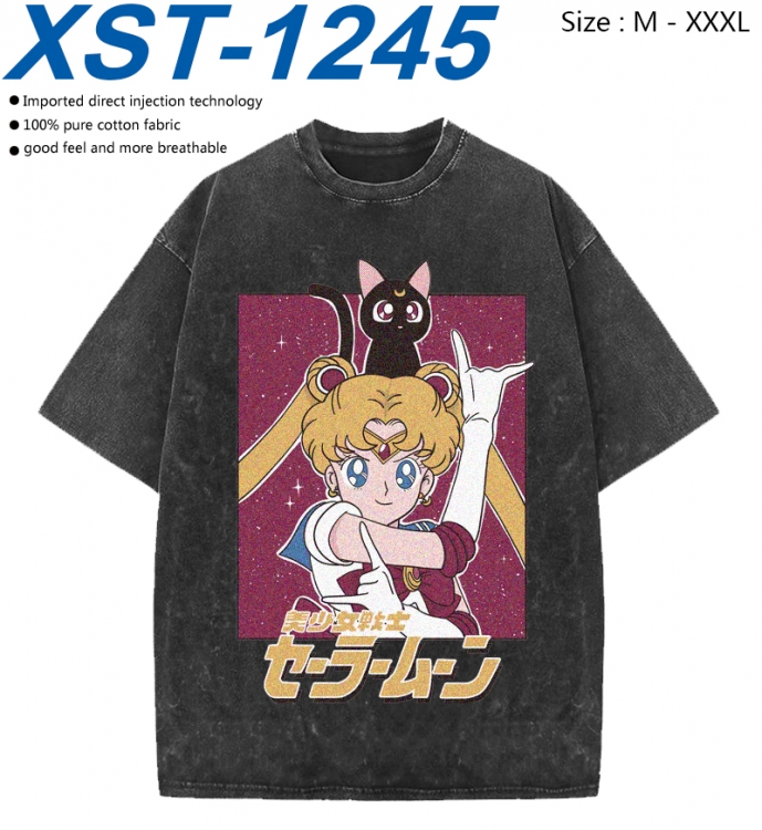 sailormoon Cotton direct spray color print washed denim T-shirt 250g from M to 3XL