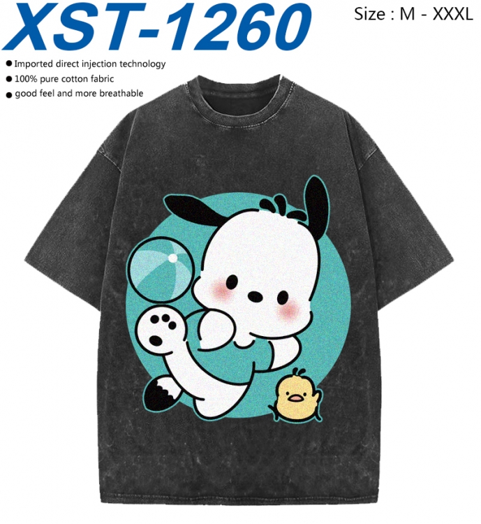 sanrio Cotton direct spray color print washed denim T-shirt 250g from M to 3XL