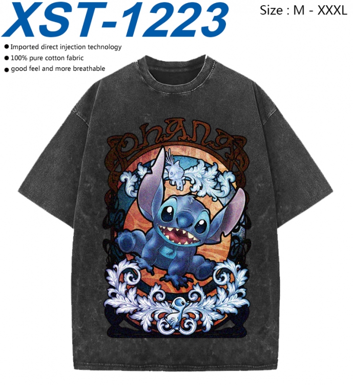 Lilo & Stitch Cotton direct spray color print washed denim T-shirt 250g from M to 3XL