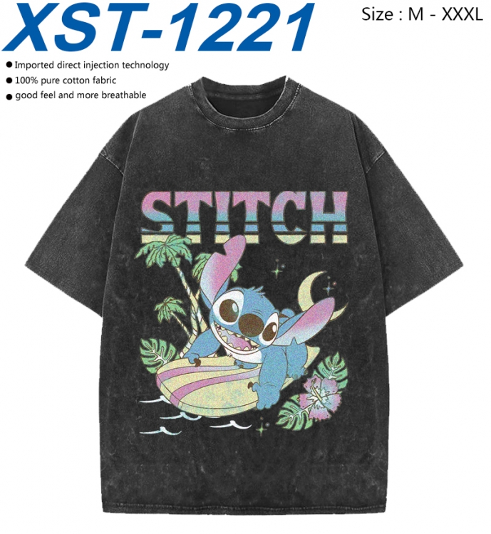 Lilo & Stitch Cotton direct spray color print washed denim T-shirt 250g from M to 3XL
