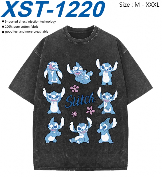 Lilo & Stitch Cotton direct spray color print washed denim T-shirt 250g from M to 3XL