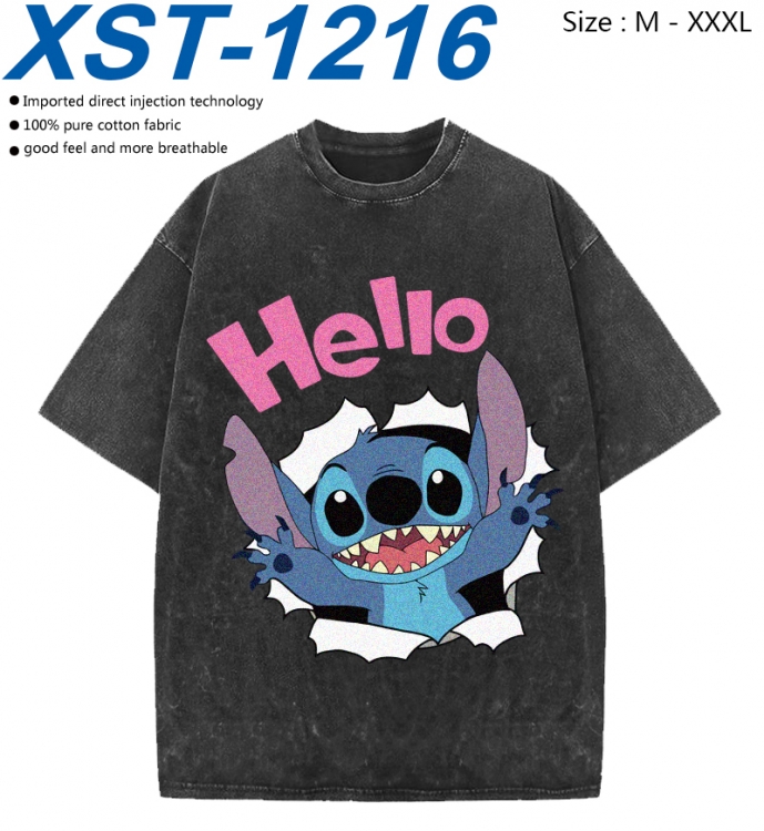 Lilo & Stitch Cotton direct spray color print washed denim T-shirt 250g from M to 3XL