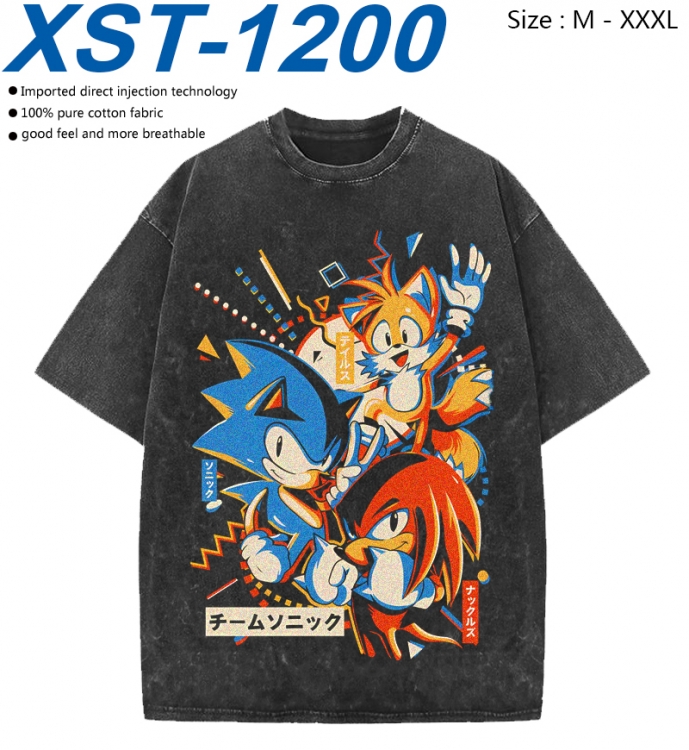 Sonic The Hedgehog Cotton direct spray color print washed denim T-shirt 250g from M to 3XL