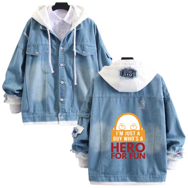  One Punch Man anime stitching denim jacket top sweater from S to 4XL