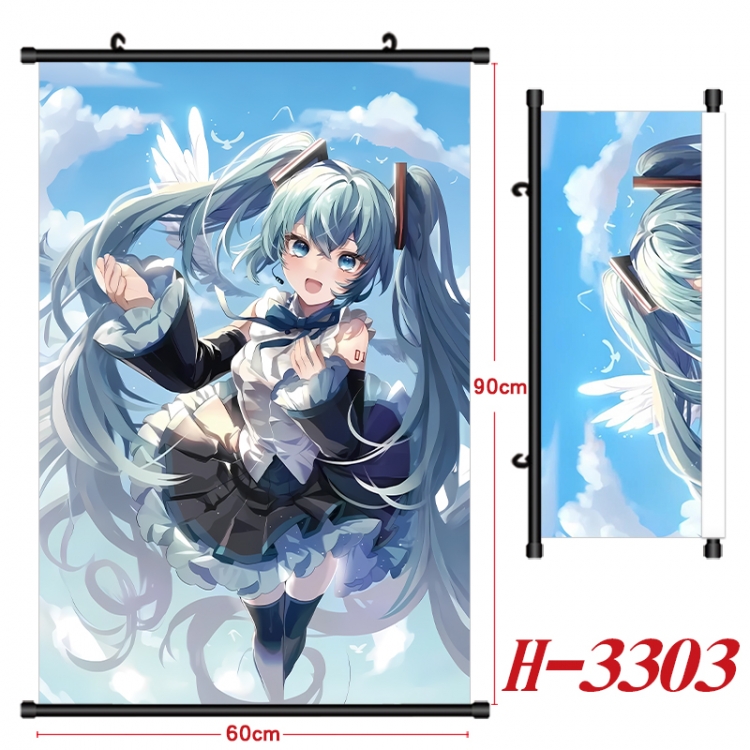Hatsune Miku Anime Black Plastic Rod Canvas Painting Wall Scroll 60X90CM H-3303