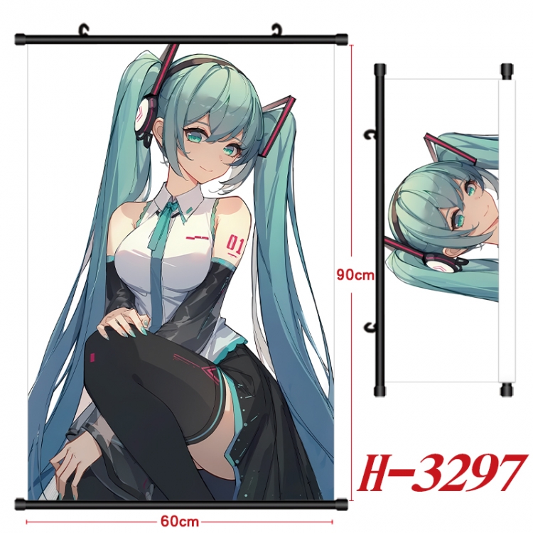 Hatsune Miku Anime Black Plastic Rod Canvas Painting Wall Scroll 60X90CM H-3297